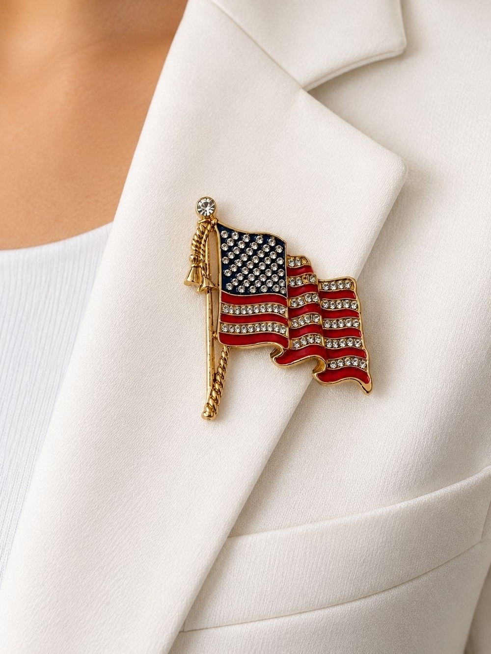 Gold-Tone Crystal American Flag Brooch with Red and Navy